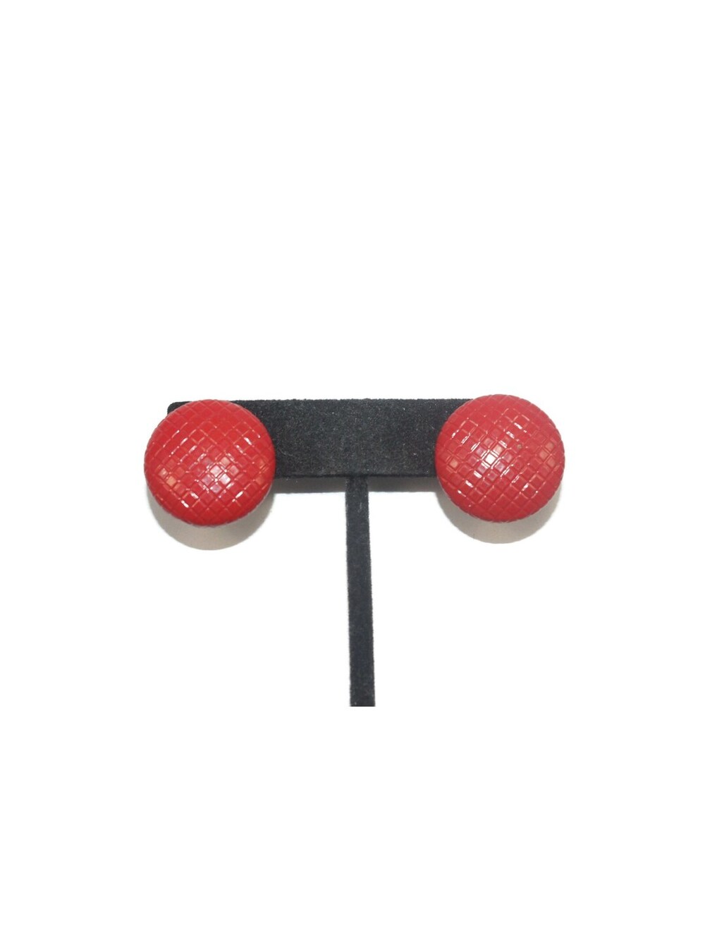 Vintage Red Plastic Checkerboard Pattern Button Stud Earrings with Post Backs.